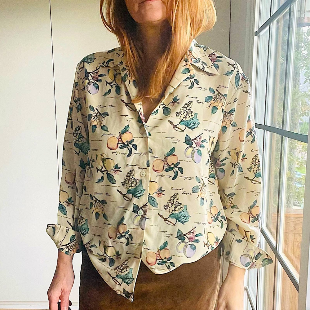Vintage 90s Silk Blouse Fruit Print Tailored Beige Green Purple Novelty small